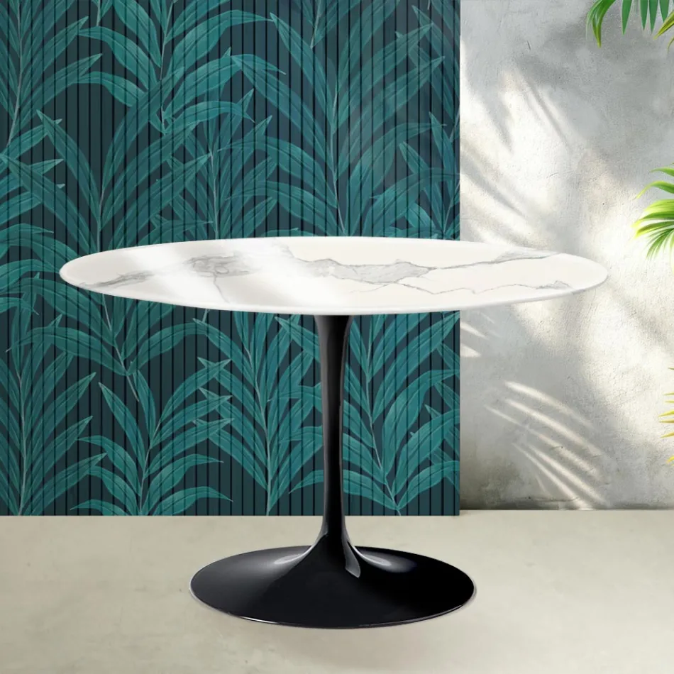 Table ronde Saarinen Tulipe H 74 cm en céramique brillante Statuario Florim - Écarlate Viadurini