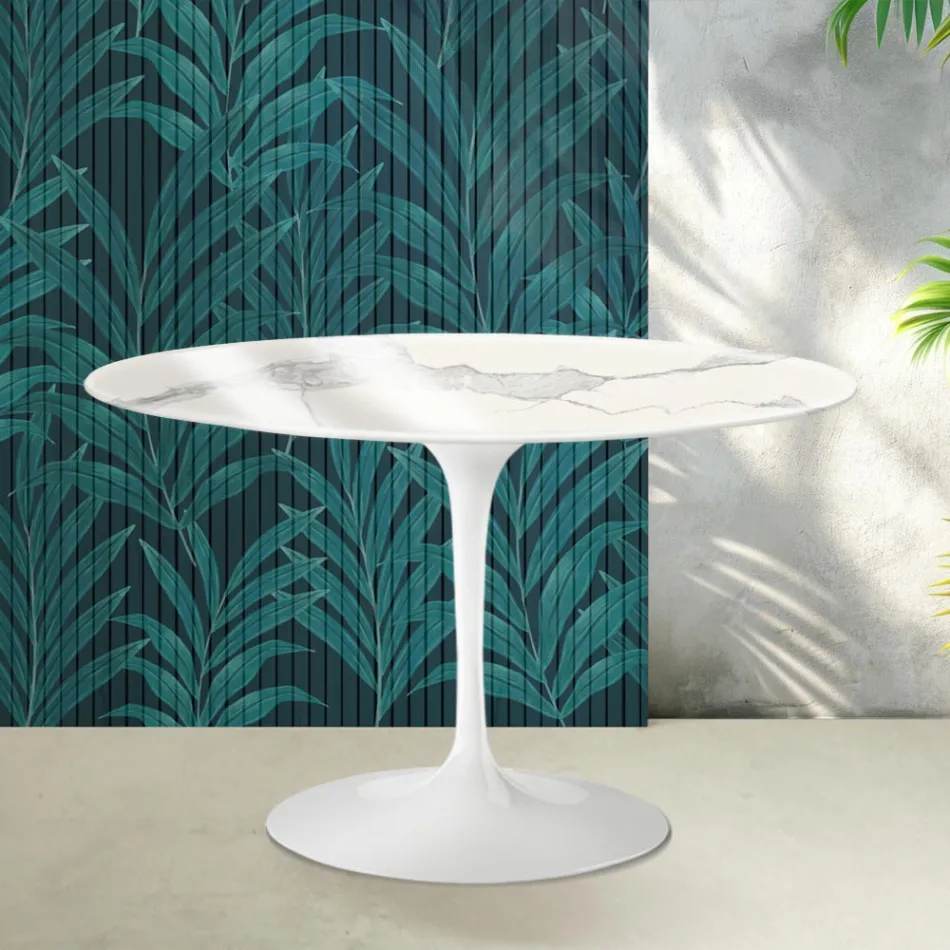 Table ronde Saarinen Tulipe H 74 cm en céramique brillante Statuario Florim - Écarlate Viadurini