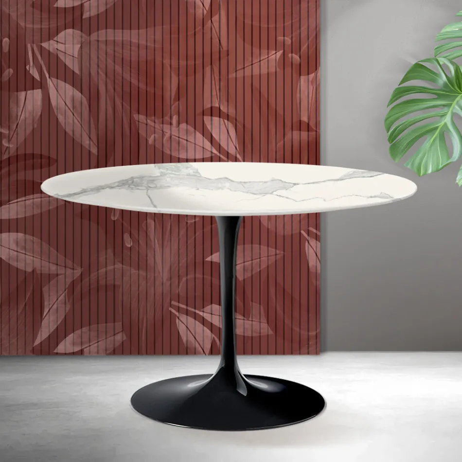 Table ronde Tulip de Saarinen, hauteur 74 cm, finition céramique mate Florim Statuario - Écarlate Viadurini