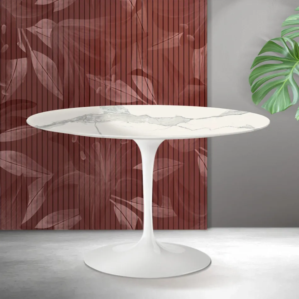 Table ronde Tulip de Saarinen, hauteur 74 cm, finition céramique mate Florim Statuario - Écarlate Viadurini