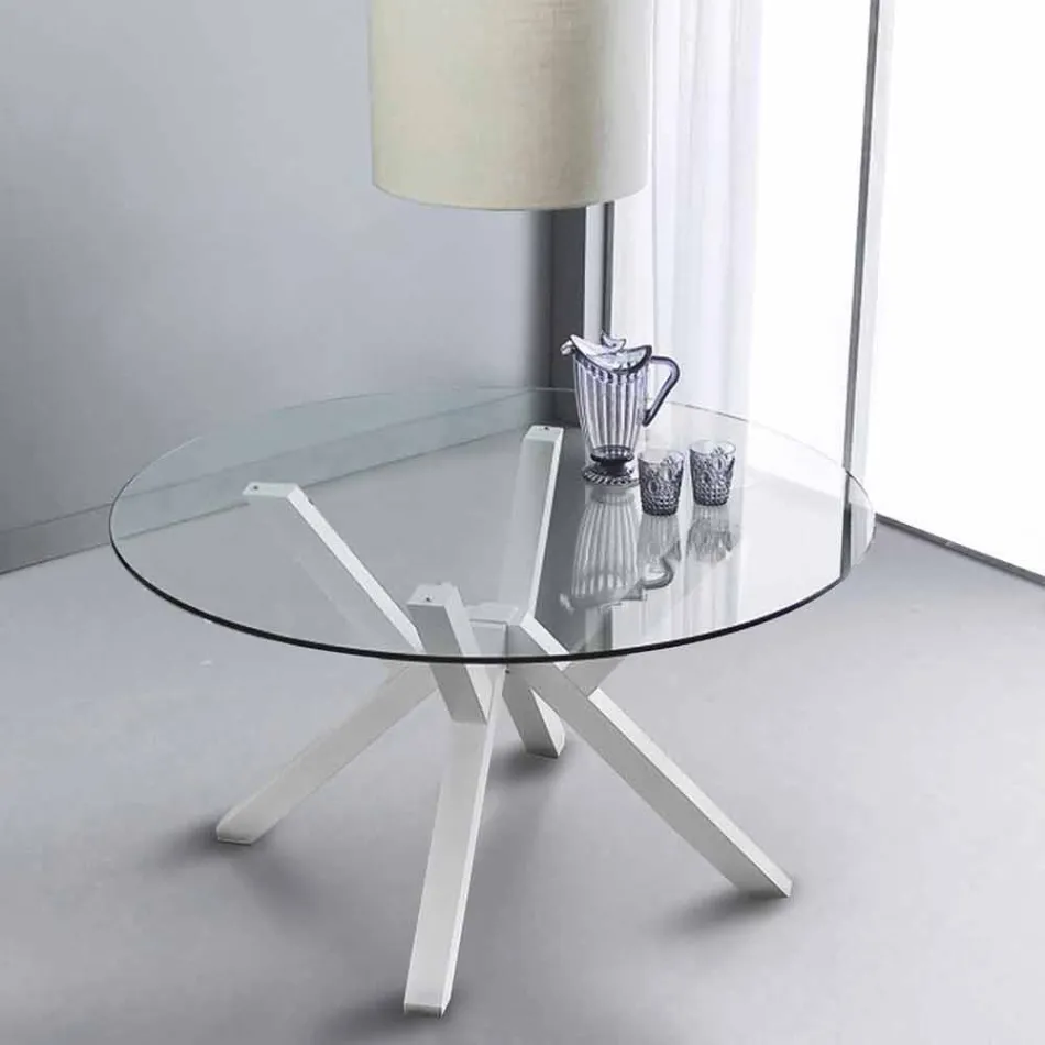 Table ronde fixe en verre trempé et hêtre massif blanc Burgos Viadurini