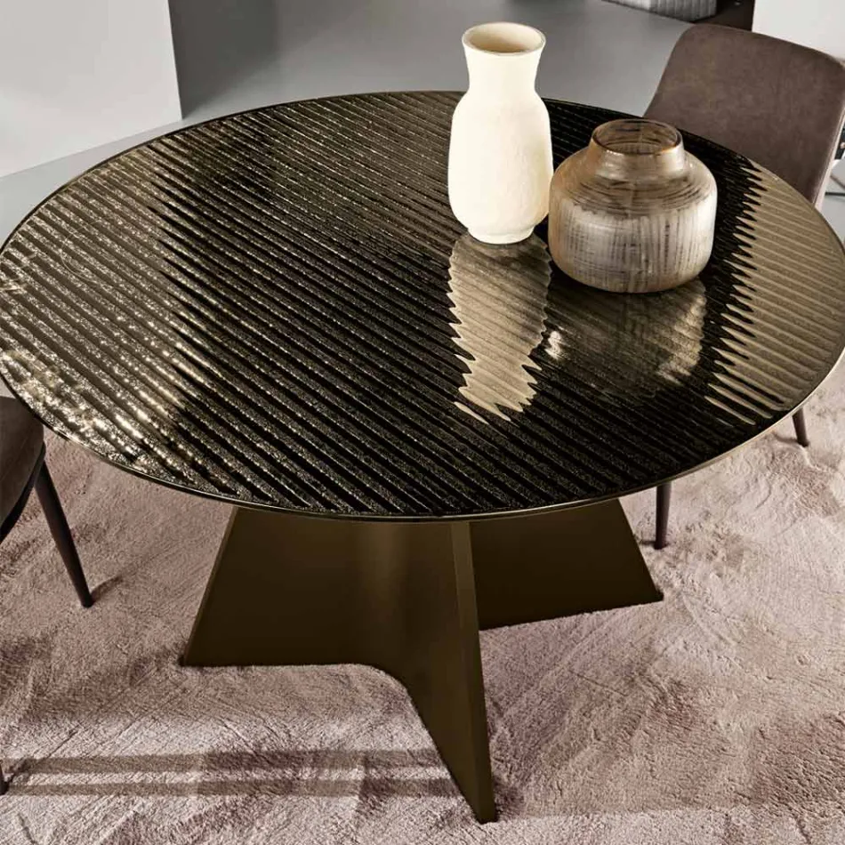 Table ronde en verre argenté à rayures, disponible en deux tailles, fabriquée en Italie - Armon Viadurini
