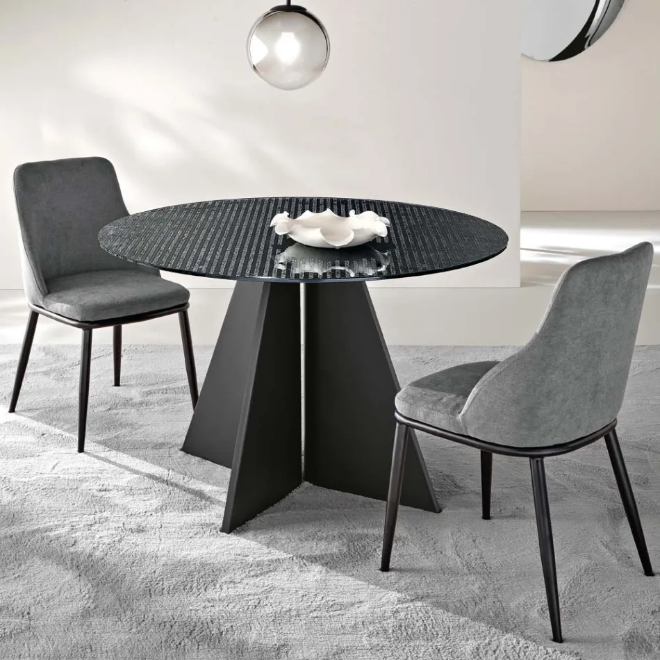 Table ronde en verre argenté à rayures, disponible en deux tailles, fabriquée en Italie - Armon Viadurini