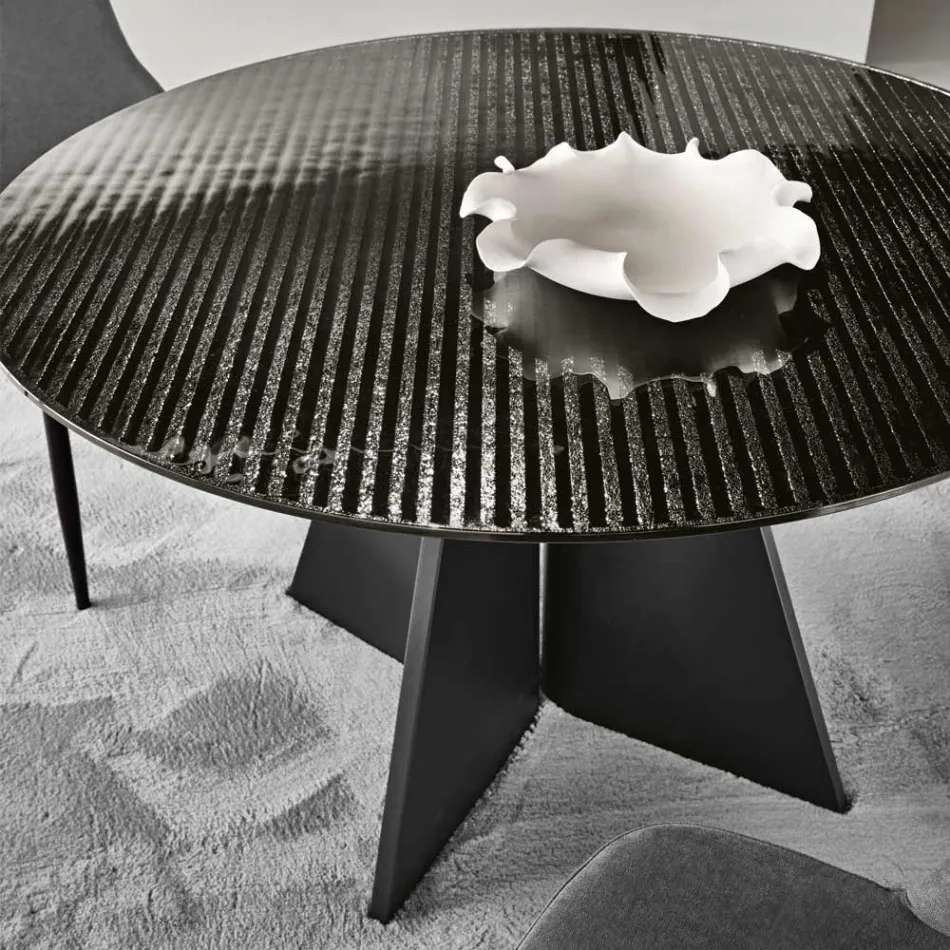 Table ronde en verre argenté à rayures, disponible en deux tailles, fabriquée en Italie - Armon Viadurini