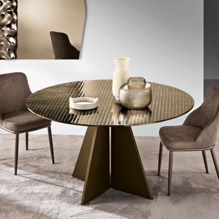 Table ronde en verre argenté à rayures, disponible en deux tailles, fabriquée en Italie - Armon Viadurini