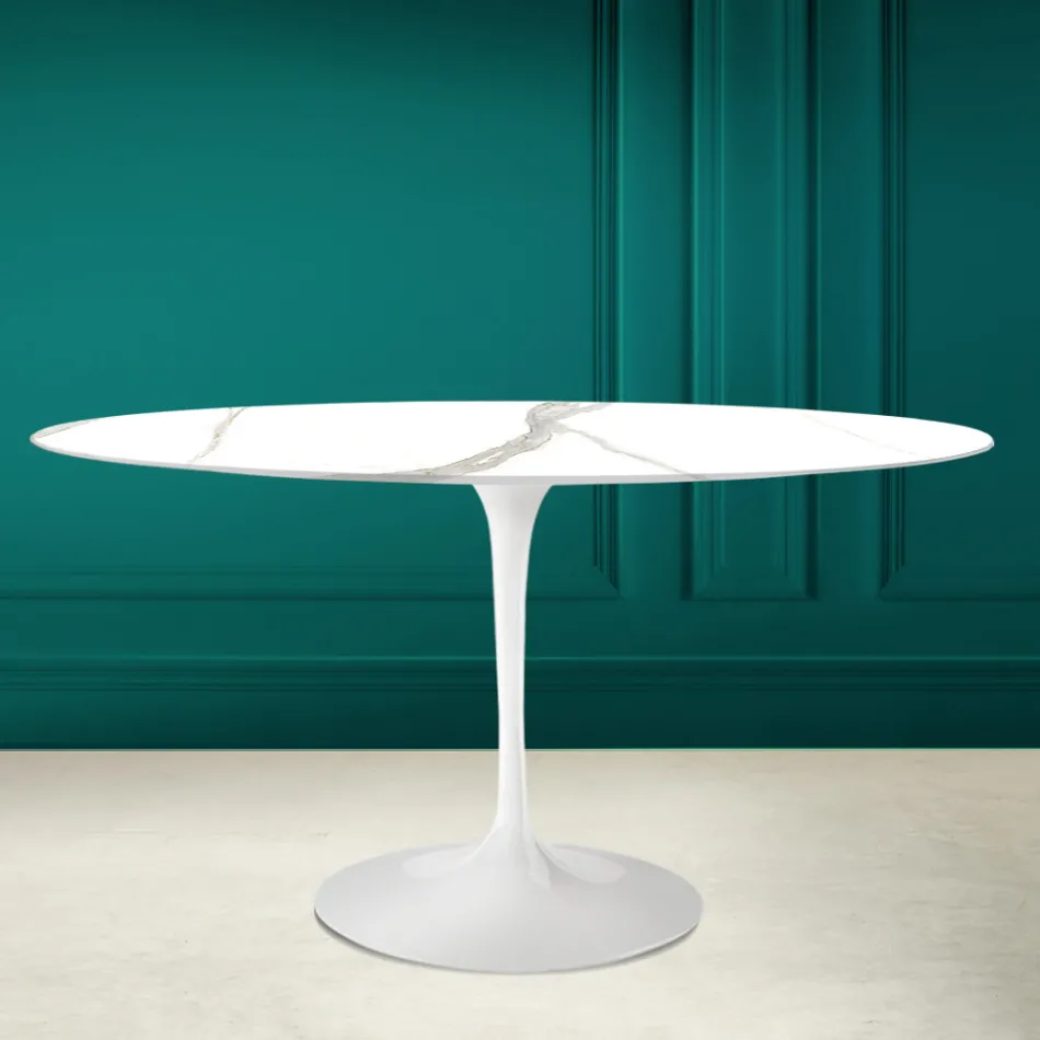 Table Tulipe Eero Saarinen H 73 Ovale en céramique Calacatta Michelangelo Viadurini