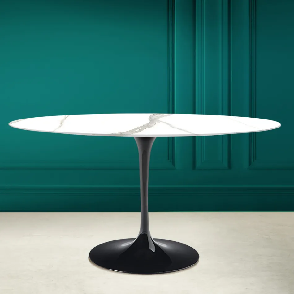 Table Tulipe Eero Saarinen H 73 Ovale en céramique Calacatta Michelangelo Viadurini