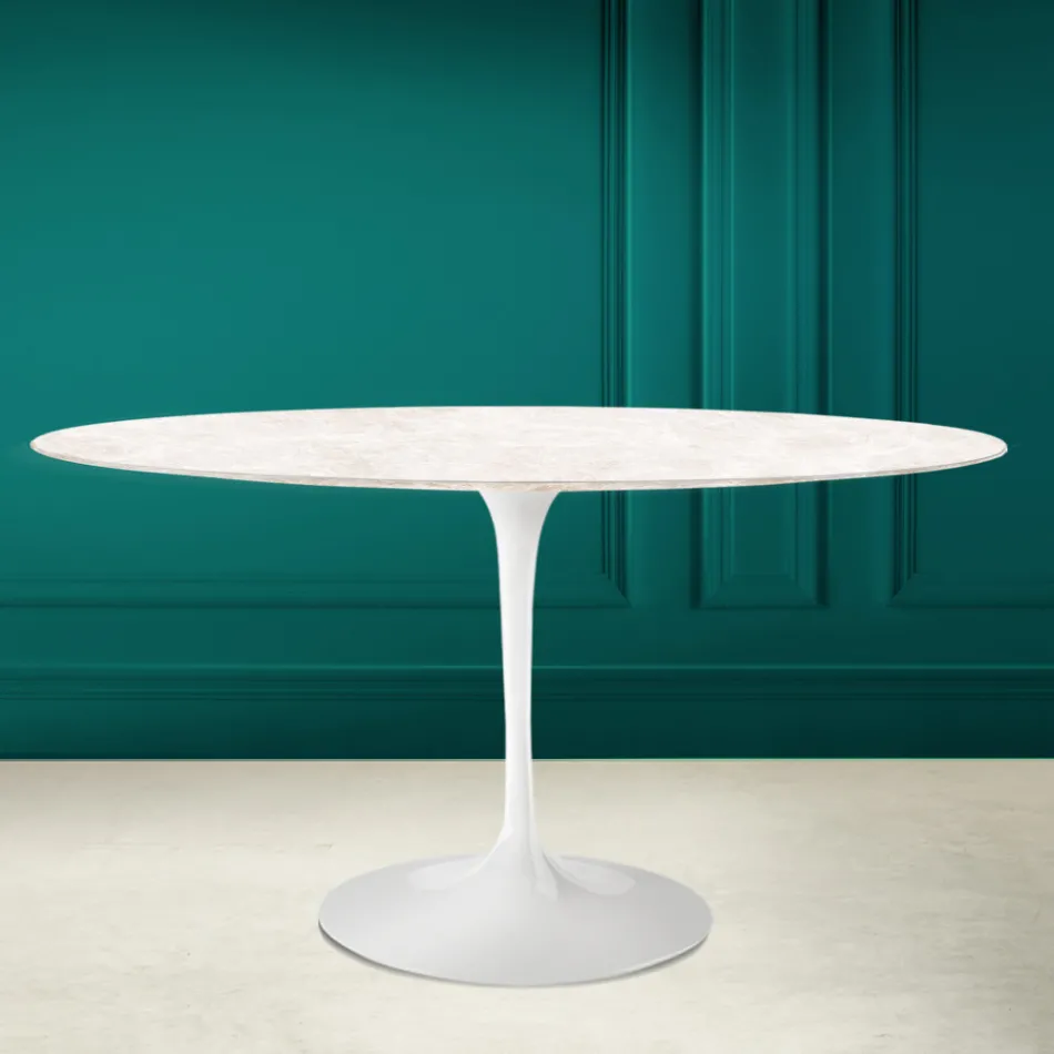 Table Tulipe Eero Saarinen H 73 Ovale en céramique Diamond Cream Made in Italy - Ecarlate Viadurini