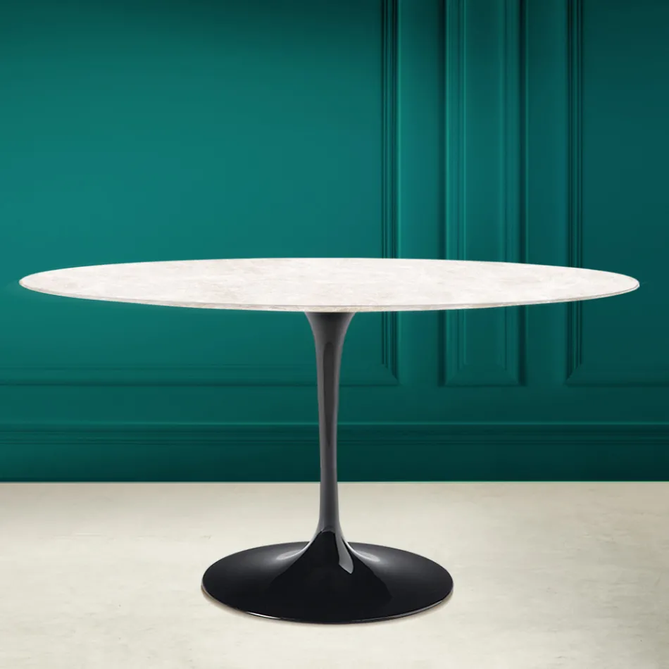 Table Tulipe Eero Saarinen H 73 Ovale en céramique Diamond Cream Made in Italy - Ecarlate Viadurini
