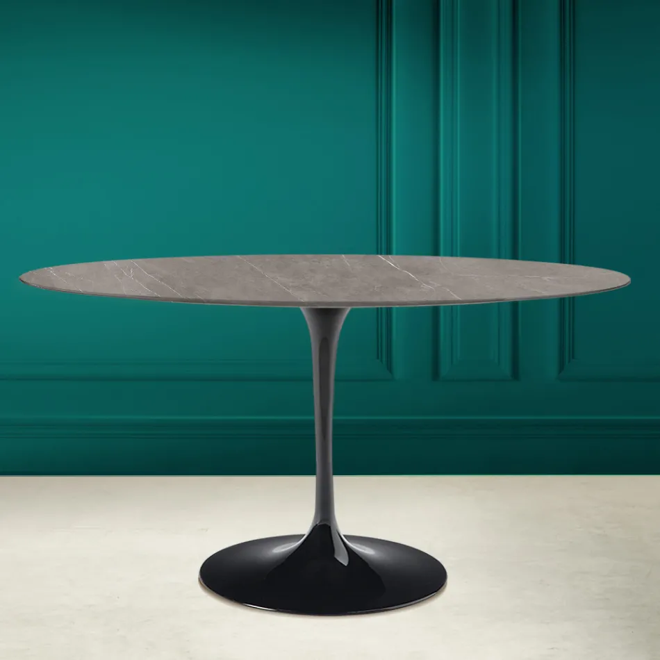 Table Tulipe Eero Saarinen H 73 Ovale en céramique Pietra Grey Made in Italy - Scarlet Viadurini