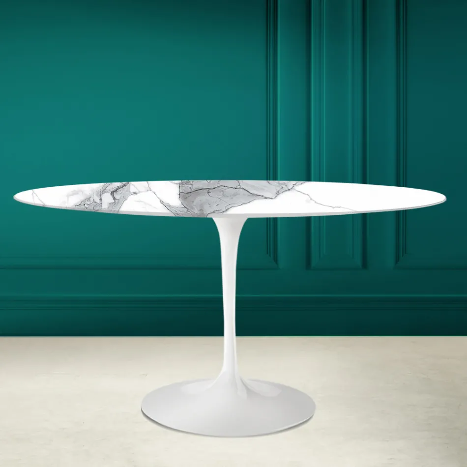 Table Tulipe Eero Saarinen H 73 Ovale en céramique Statuario Altissimo Made in Italy - Ecarlate Viadurini