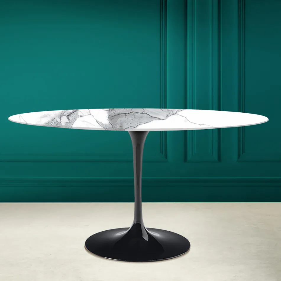 Table Tulipe Eero Saarinen H 73 Ovale en céramique Statuario Altissimo Made in Italy - Ecarlate Viadurini
