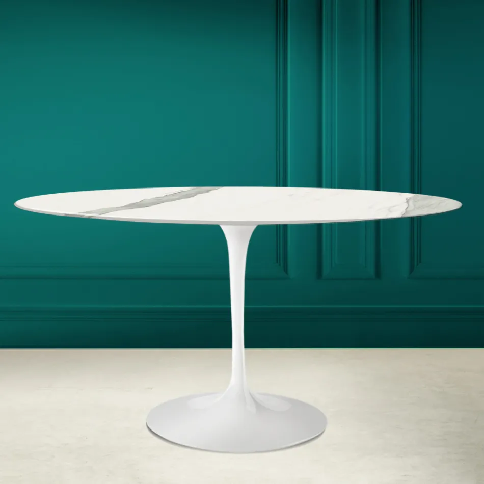 Table Tulipe Eero Saarinen H 73 Ovale en céramique Statuario pleine veine - Scarlet Viadurini