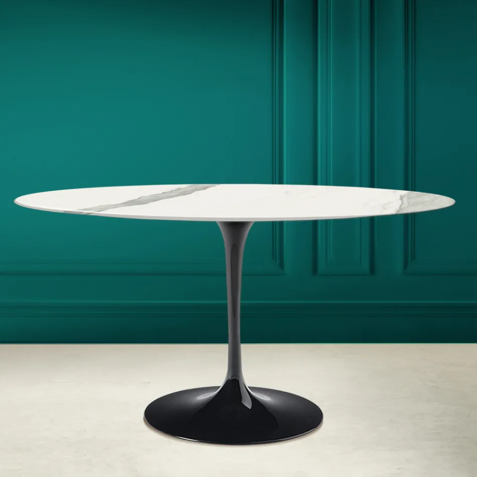 Table Tulipe Eero Saarinen H 73 Ovale en céramique Statuario pleine veine - Scarlet Viadurini