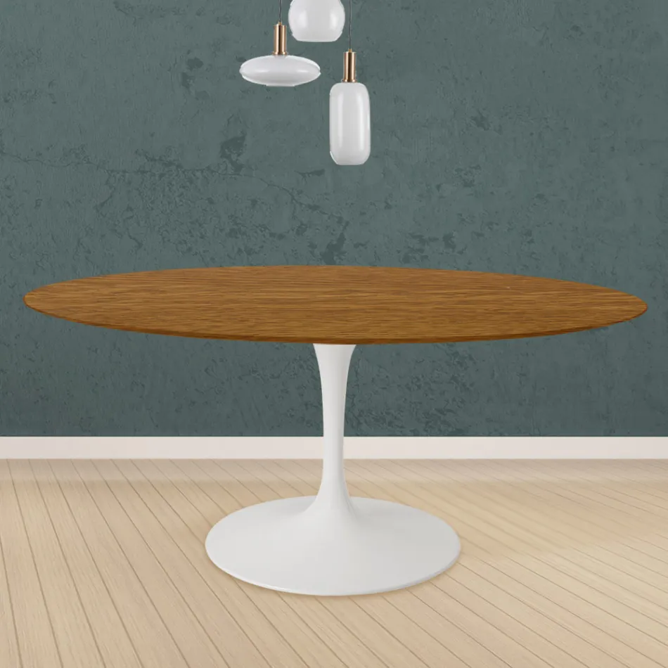 Table Tulipe Eero Saarinen H 73 ronde en chêne teinté noyer clair fabriquée en Italie - Ecarlate Viadurini