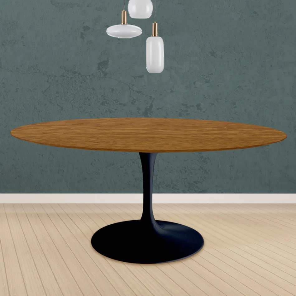 Table Tulipe Eero Saarinen H 73 ronde en chêne teinté noyer clair fabriquée en Italie - Ecarlate Viadurini