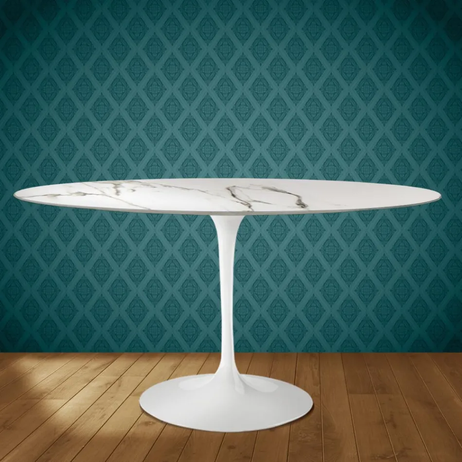 Table ovale Tulipe Eero Saarinen H 74 cm en céramique Aura 22, fabriquée en Italie - Écarlate Viadurini