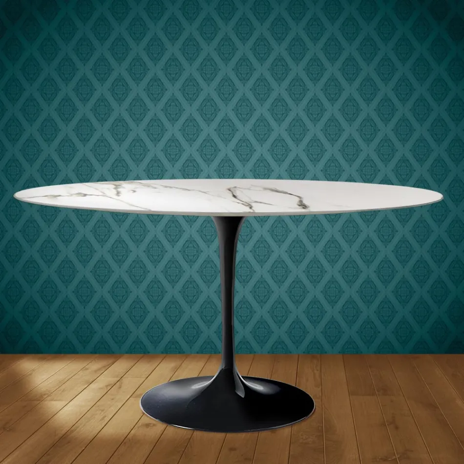 Table ovale Tulipe Eero Saarinen H 74 cm en céramique Aura 22, fabriquée en Italie - Écarlate Viadurini