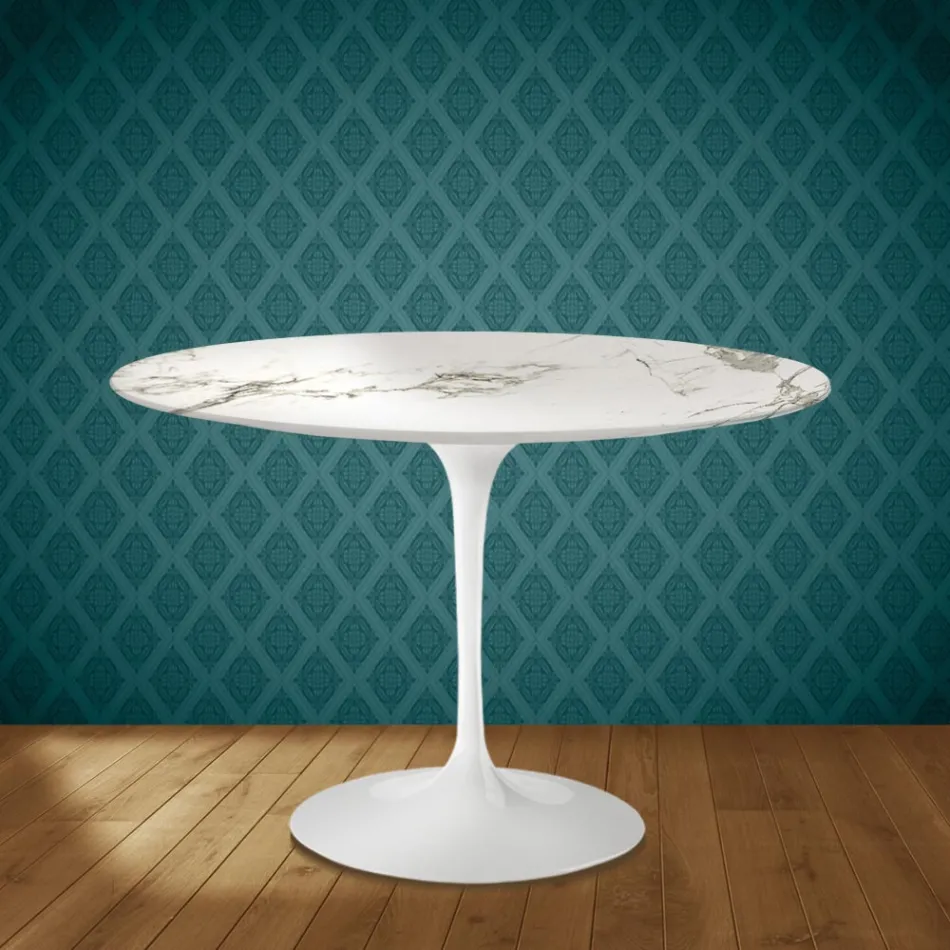 Table ronde Tulipe Eero Saarinen H 74 cm en céramique Aura 22, fabriquée en Italie - Écarlate Viadurini