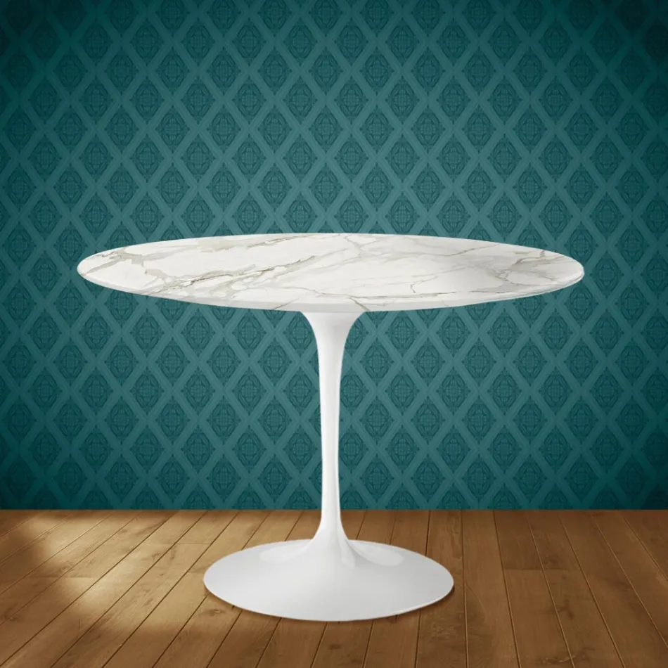 Table ronde Tulipe Eero Saarinen H 74 cm en céramique brillante, fabriquée en Italie - Écarlate Viadurini