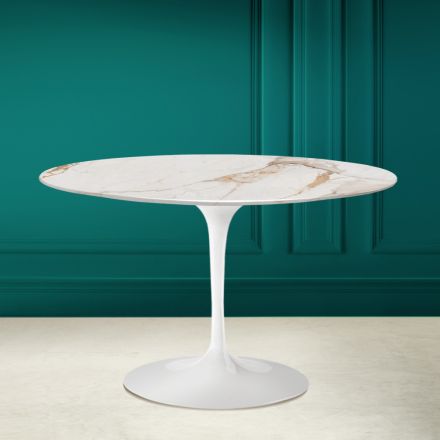 Tulip Saarinen H 73 Table Ronde en Céramique Blanc Calacatta Antique Viadurini