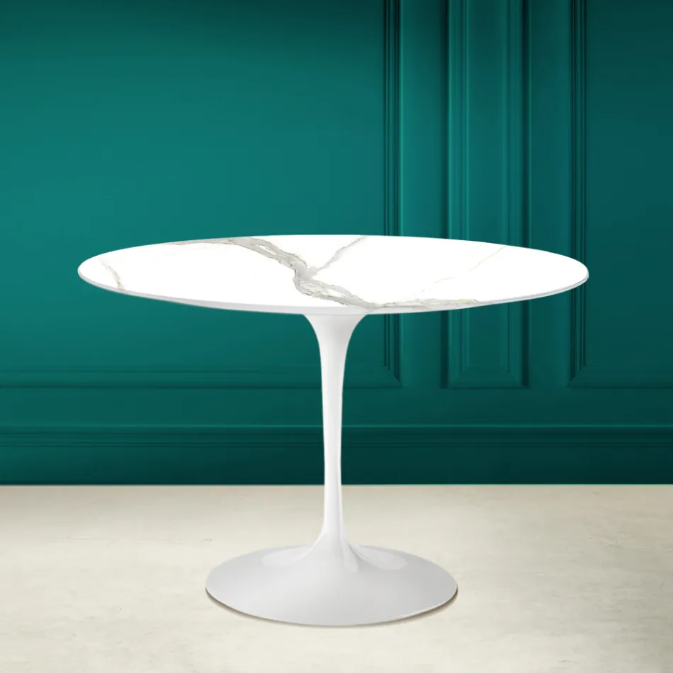 Table Tulipe Saarinen H 73 Rond en céramique Calacatta Michelangelo Viadurini