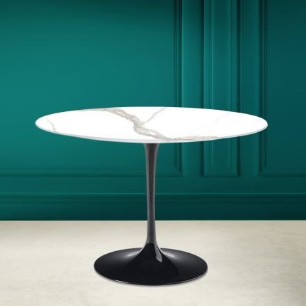 Table Tulipe Saarinen H 73 Rond en céramique Calacatta Michelangelo Viadurini