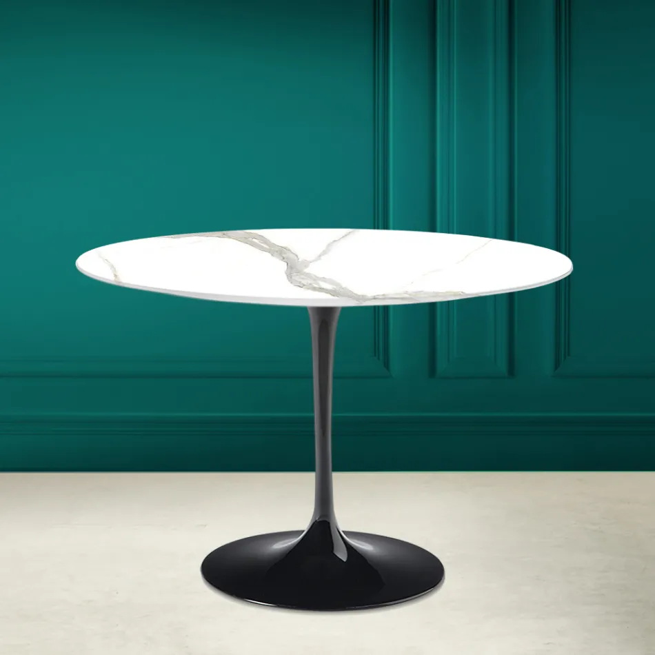 Table Tulipe Saarinen H 73 Rond en céramique Calacatta Michelangelo Viadurini