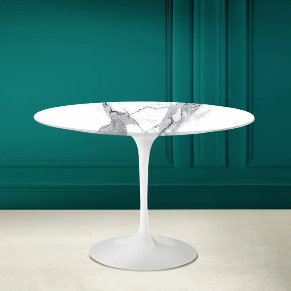 Table Tulipe Saarinen H 73 Rond Céramique Statuario Altissimo Made in Italy - Ecarlate Viadurini
