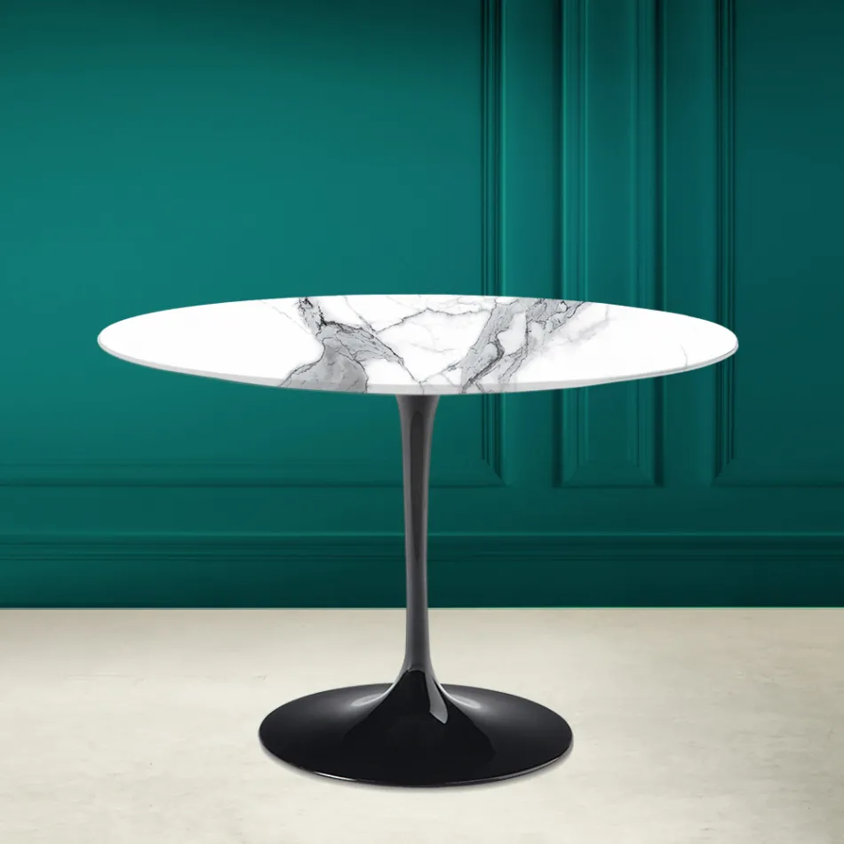 Table Tulipe Saarinen H 73 Rond Céramique Statuario Altissimo Made in Italy - Ecarlate Viadurini