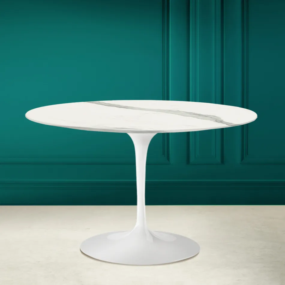 Table Tulipe Saarinen H 73 Rond en Céramique Statuaire Pleine Veine Made in Italy - Ecarlate Viadurini