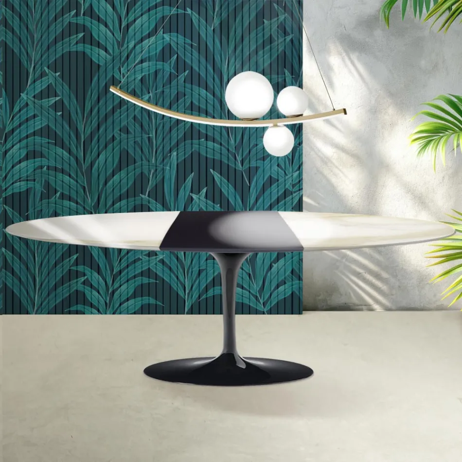 Table Saarinen Tulip H 74 cm extensible en céramique brillante Florim Calacatta Gold - Écarlate Viadurini