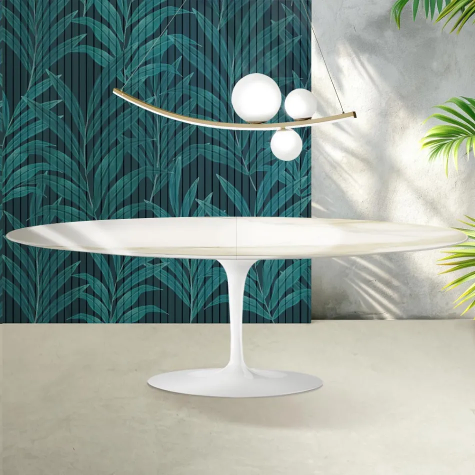 Table Saarinen Tulip H 74 cm extensible en céramique brillante Florim Calacatta Gold - Écarlate Viadurini
