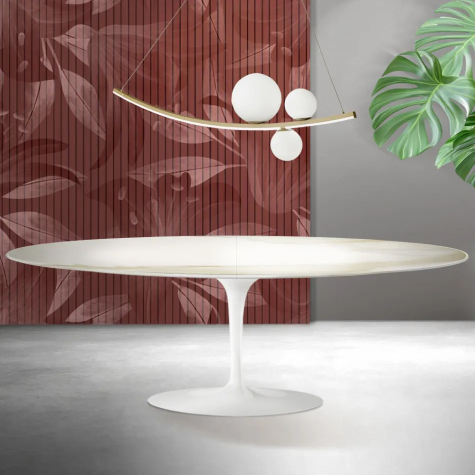 Table Saarinen Tulip H 74 cm extensible en céramique mate Florim Calacatta Gold - Écarlate Viadurini