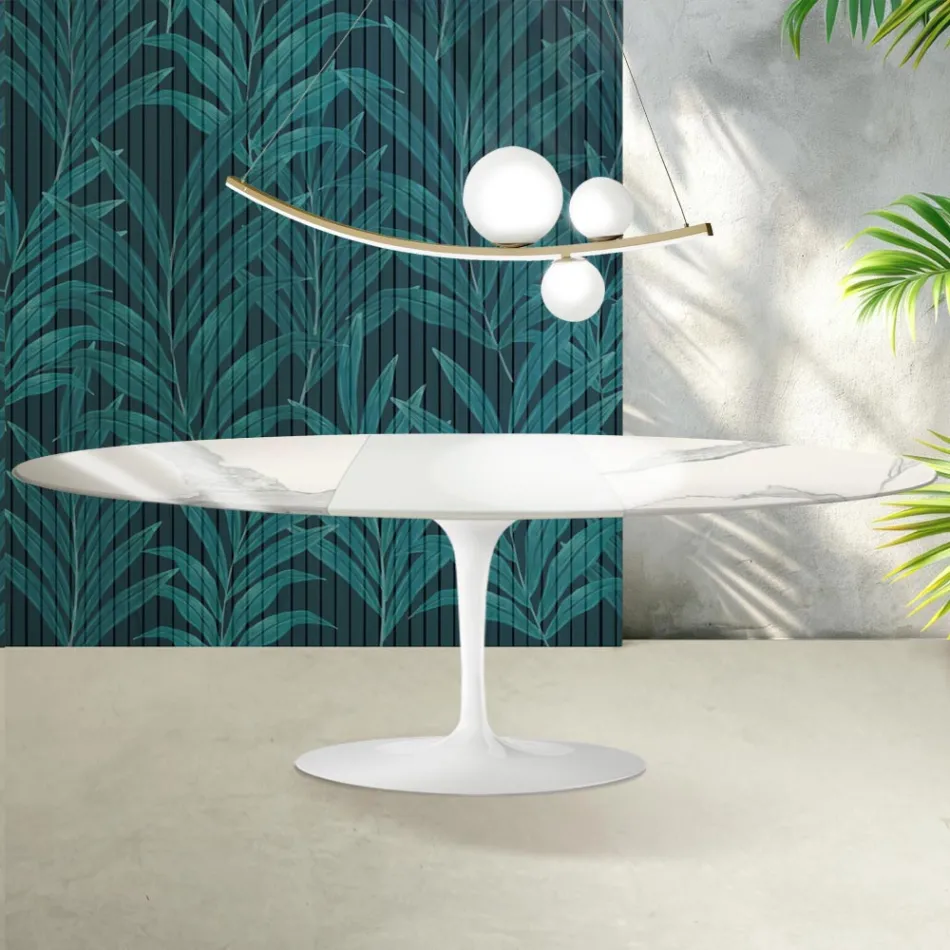 Table Saarinen Tulip H 74 cm extensible en céramique brillante Florim Statuario - Écarlate Viadurini
