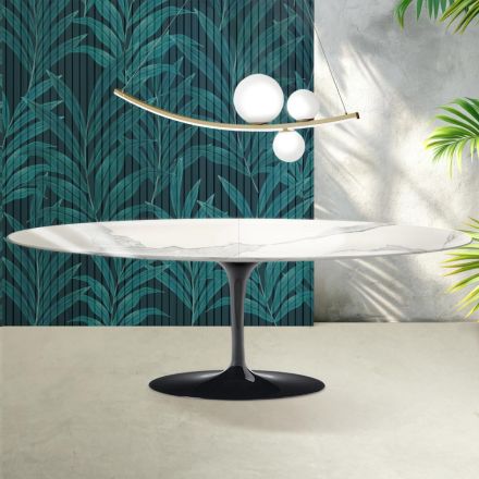 Table Saarinen Tulip H 74 cm extensible en céramique brillante Florim Statuario - Écarlate Viadurini