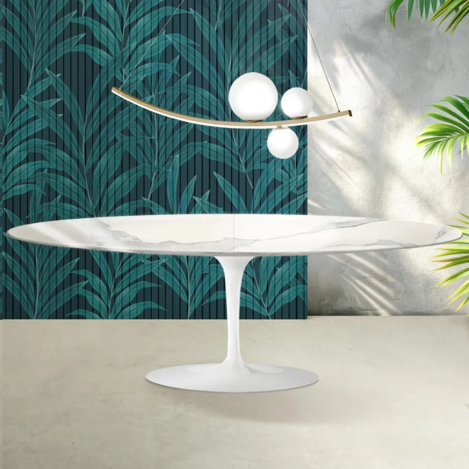 Table Saarinen Tulip H 74 cm extensible en céramique brillante Florim Statuario - Écarlate Viadurini