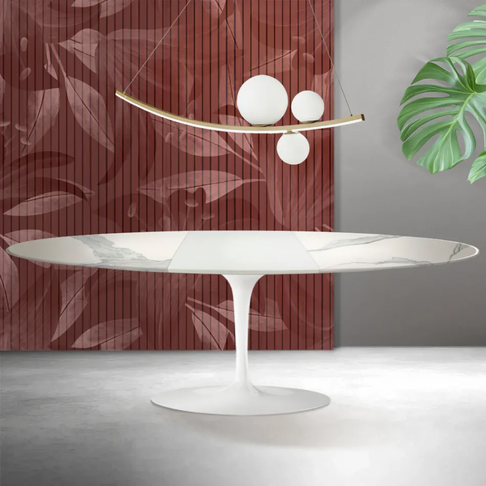 Table Saarinen Tulip H 74 cm extensible en céramique mate Florim Statuario - Écarlate Viadurini