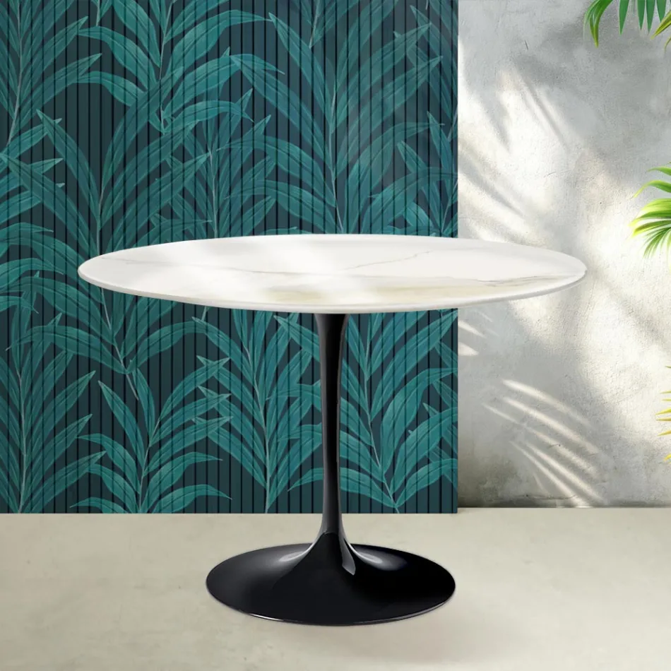 Table Tulipe Saarinen H 74 cm en céramique brillante Florim Calacatta Gold - Écarlate Viadurini