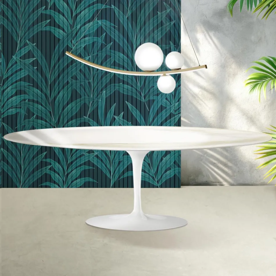 Table Tulipe Saarinen H 74 cm en céramique brillante Florim Calacatta Gold - Écarlate Viadurini
