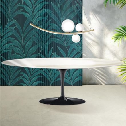 Table Tulipe Saarinen H 74 cm en céramique brillante Florim Calacatta Gold - Écarlate Viadurini