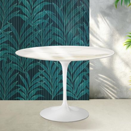 Table Tulipe Saarinen H 74 cm en céramique brillante Florim Calacatta Gold - Écarlate Viadurini