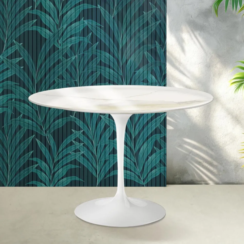 Table Tulipe Saarinen H 74 cm en céramique brillante Florim Calacatta Gold - Écarlate Viadurini