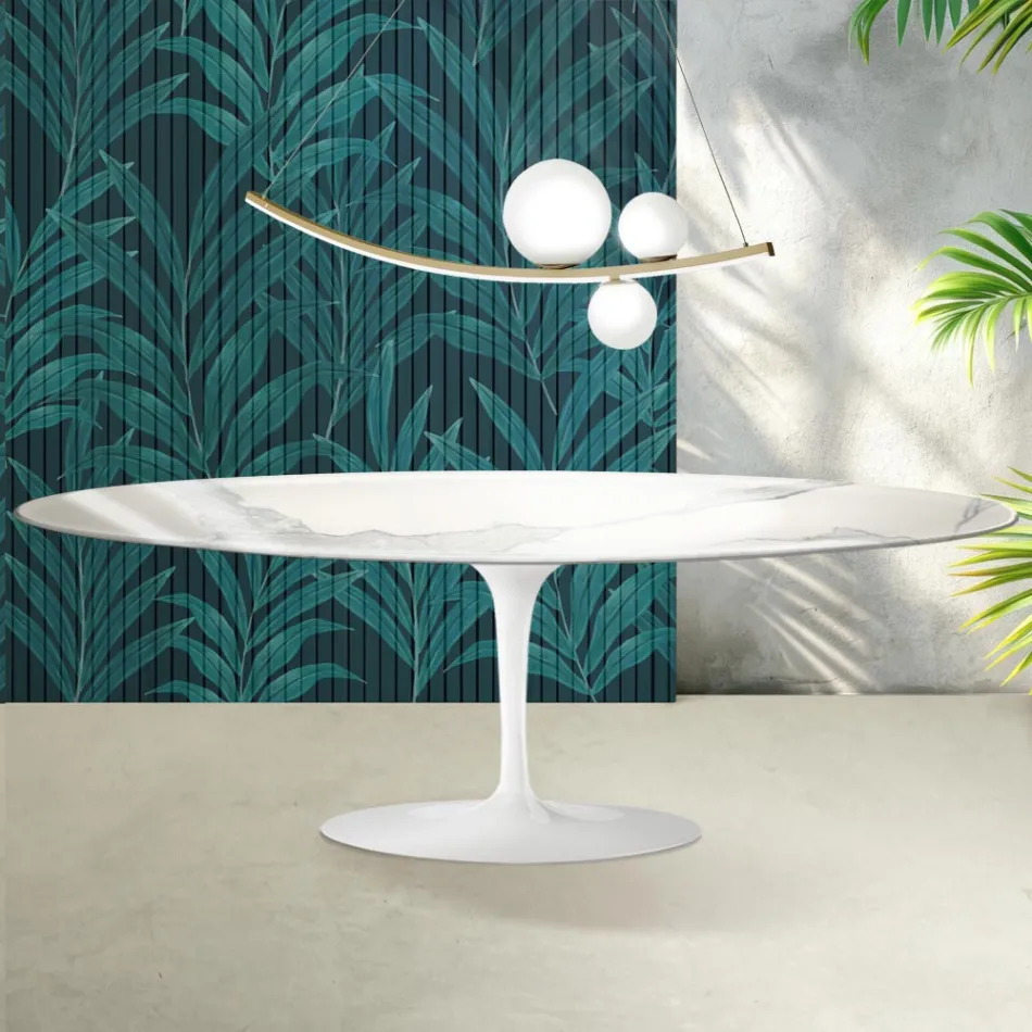 Table Tulip Saarinen H 74 cm en céramique Florim Statuario Lucido - Écarlate Viadurini