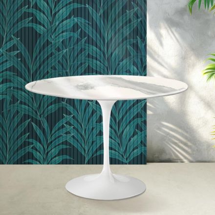Table Tulip Saarinen H 74 cm en céramique Florim Statuario Lucido - Écarlate Viadurini