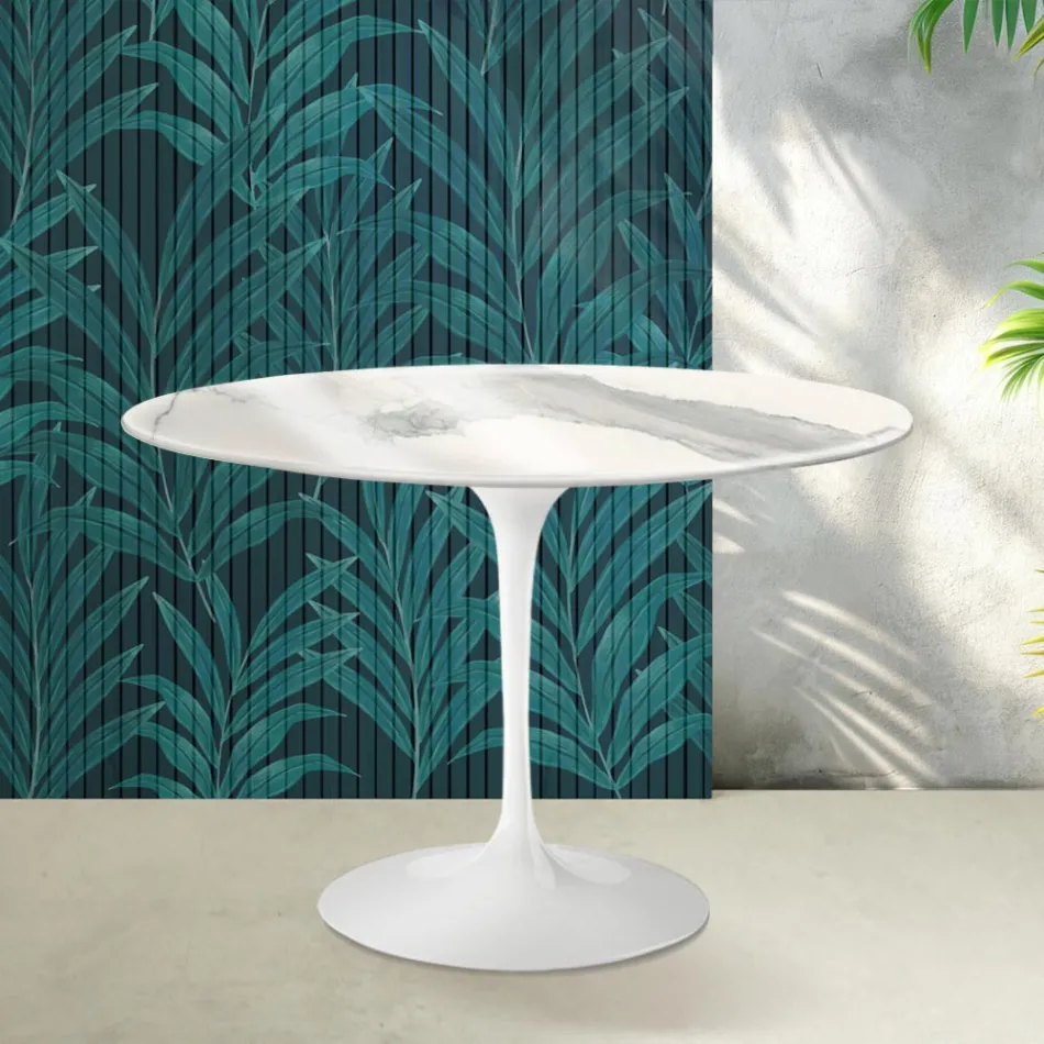 Table Tulip Saarinen H 74 cm en céramique Florim Statuario Lucido - Écarlate Viadurini