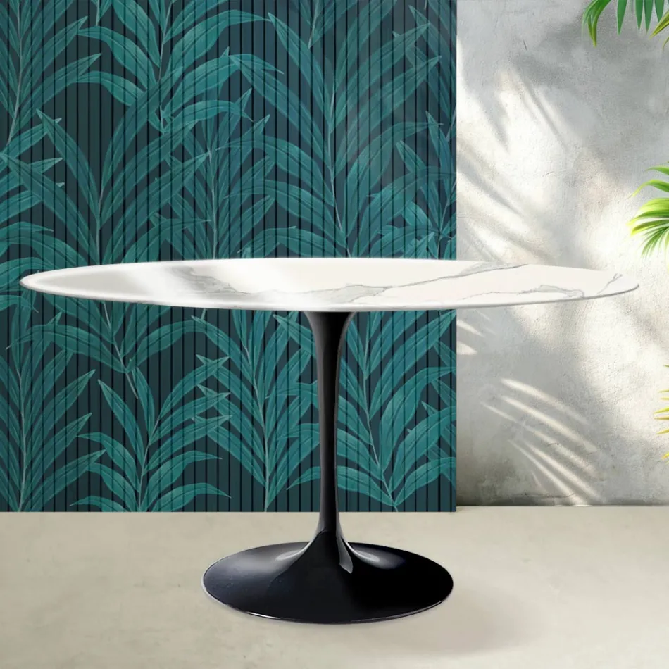 Table ronde Saarinen Tulip H 74 cm en céramique brillante Statuario Florim - Écarlate Viadurini