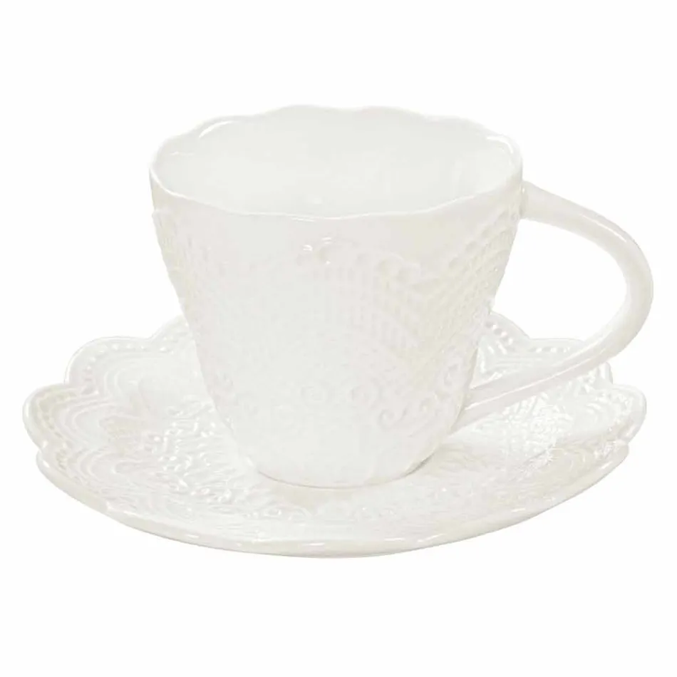 Tasses à Thé en Porcelaine Blanche Décoré de 6 Pièces Shabby Design - Rafiki Viadurini