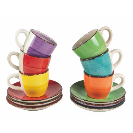 Tasses à Café avec Soucoupe en Grès Coloré Peint à la Main 12 Pcs - Abruzzes Viadurini