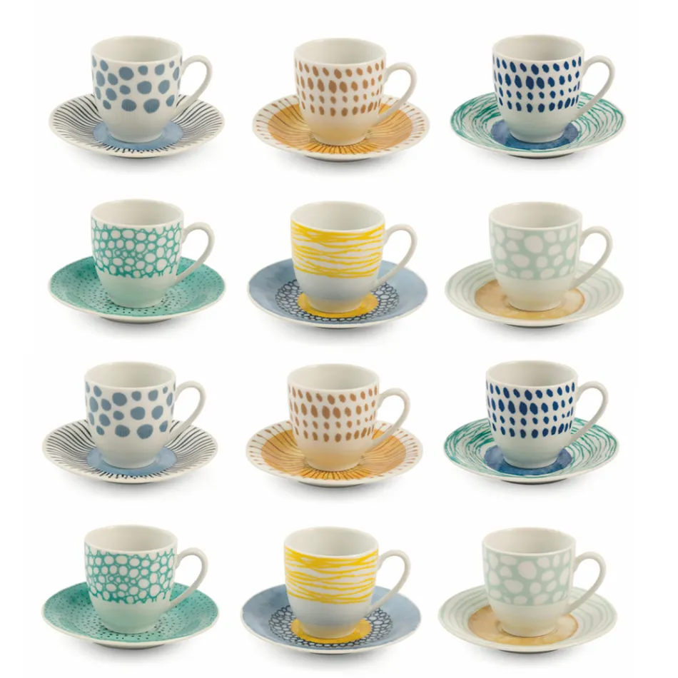 Tasses à Café avec Soucoupe en Porcelaine Colorée 12 Pièces - Toile de Fond Viadurini